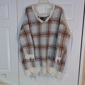 Fringe Plaid Sweater - Cream and Brown